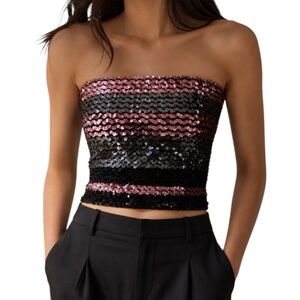 Vintage Sequin Tube Top – Black, Silver & Pink, Y2K Disco Glam One Size XS–M